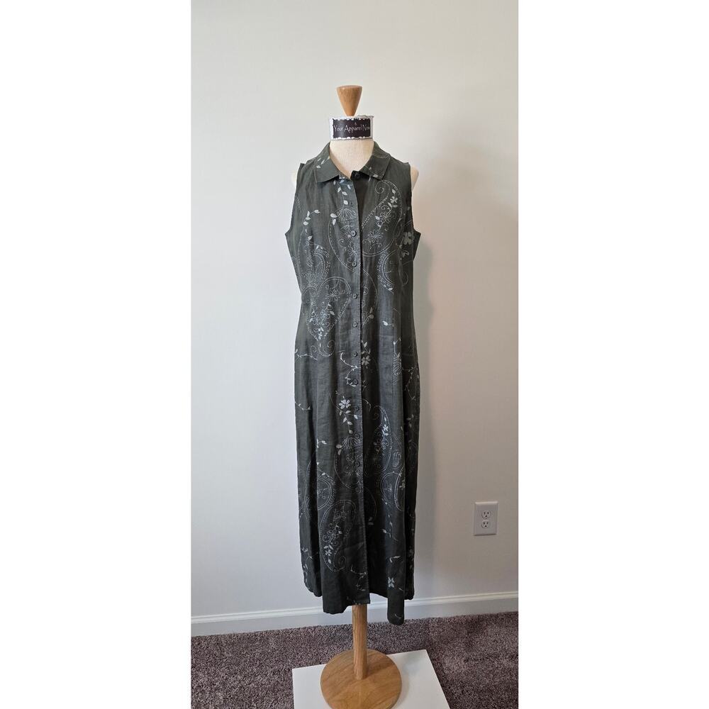 John Paul Richard Green Linen Sleeveless Collared Floral Midi Dress Sz MP (0987)
